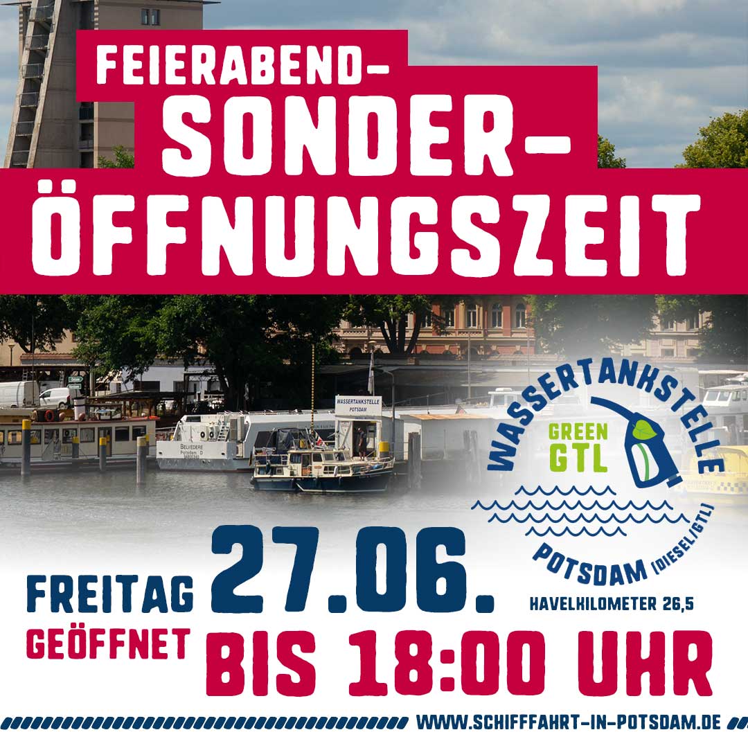 Feierabend-Sonder-Öffnungszeit! Du möchtest am Wochenende mit deinem Boot raus und eine große Runde drehen, hast aber nicht mehr genug Diesel im Tank und kannst nur nach Feierabend tanken fahren? Dann haben wir einen Tipp für dich: Am Freitag, dem 27. Juni haben wir für alle Sportbootfahrer unsere WASSERTANKSTELLE Feierabendfreundlich bis 18:00 Uhr geöffnet!